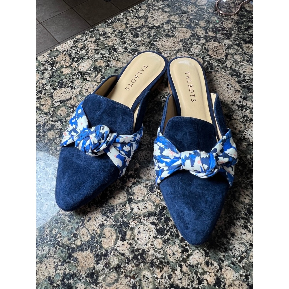 Talbots Madison Knot Francesca 10 Indigo Blue Suede Floral Mules Womens 6M